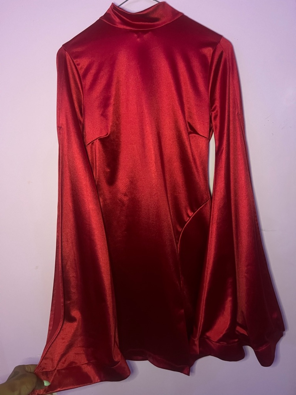 Red Satin Long Sleeve Mock Neck Top